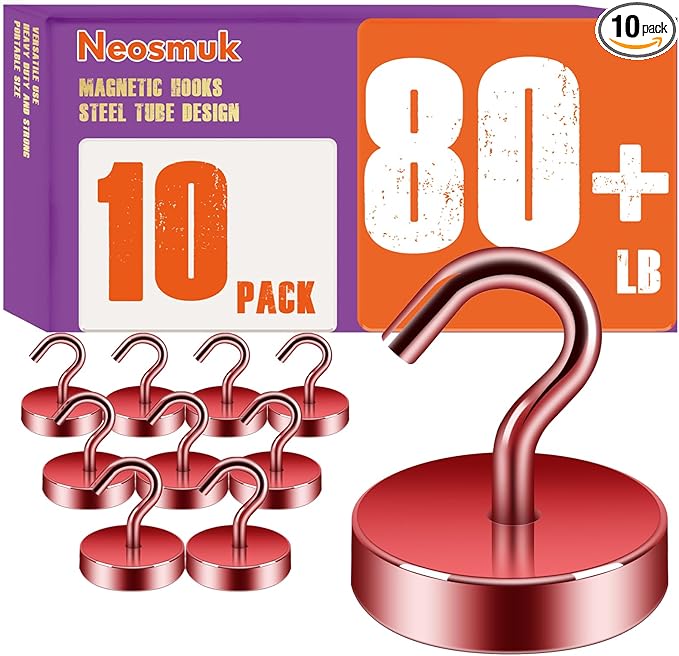 Neosmuk Magnetic Hooks, Cruise Ship Essentials, 80lb+ Heavy Duty Magnetic Hooks for Cruise Cabins, Refrigerators, Grills, Hanging, and Travel | Extra Strong Must-Have Magnet Hooks, Red