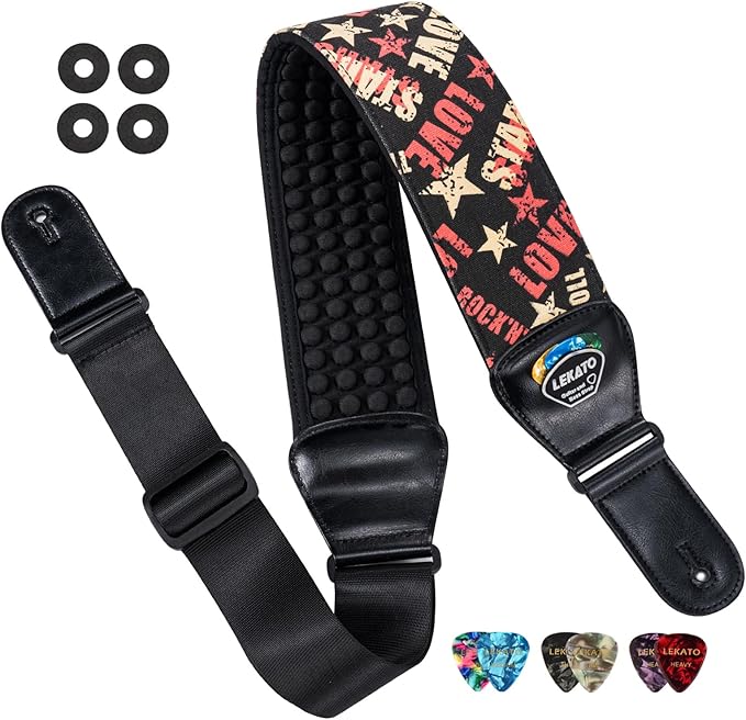 LEKATO Guitar Bass Strap for Electric Guitar Bass, 3" Wide Padded Guitar Strap Neoprene Pad with 3D Sponge Filling Adjustable Length from 45" to 55" with Strap Locks, Picks, Love Stars