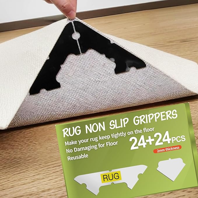 FLUOTINE 48 PCS Carpet Tape, Non-Slip Carpet Pads for Area Rugs on Hardwood Floors, Laminate, Tile, LVP Floors, Reusable and Removable Rug Corner Pads with No Residue
