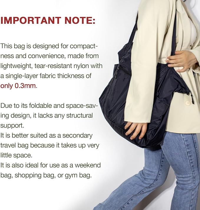 Foldable Lightweight Travel Duffel Tote Bag, Nylon and Polyester Packable Totes with Zipper, 23-28L Collapsible Compact Large for Women and Men, Black