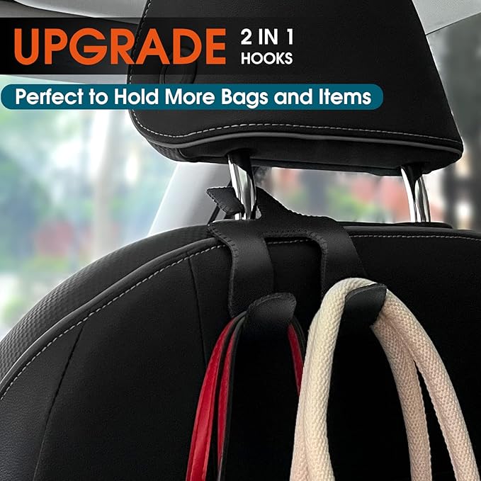 LANVRION Car Headrest Hooks for Purses and Bags, Upgraded 2 in 1 Cars Back Seat Head Rest Hanger Vehicle Leather Organizer Storage Holder Hook Matching Cars Interior, 1-Pack, Brown
