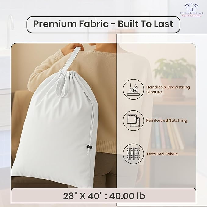 LFH Home Cotton Canvas Large Laundry Bag with Handle, Heavy Duty Drawstring Closure Washable Laundry Bags, School Travel, Home, Hotel, College Dorm, Organizer Sack, Toy Clothes 28x40 (Pack of 2)-White
