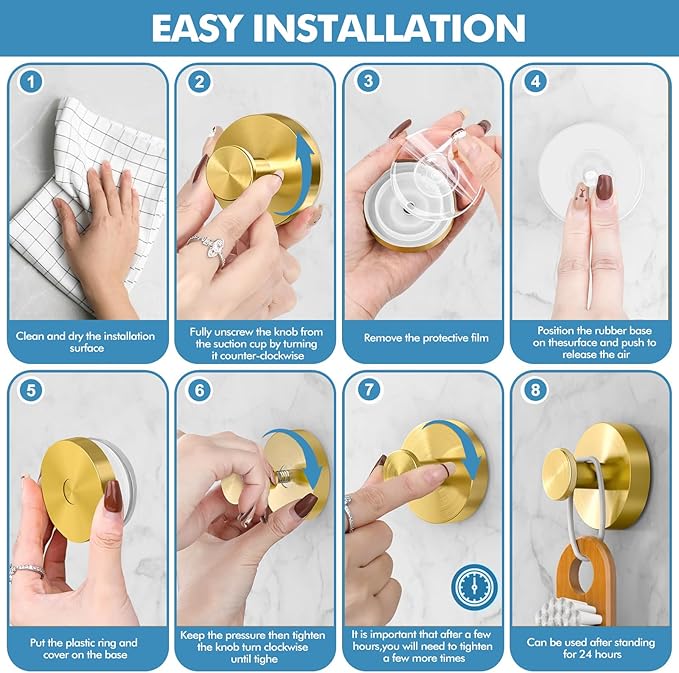 Suction Cup Hooks for Glass Window, Mirror, Wreaths - Shower Hooks for Inside Shower, No Drill Towel Hooks for Bathrooms, Bath Robe Coat Looafh Hook for Hanging - Gold (4 Pack)
