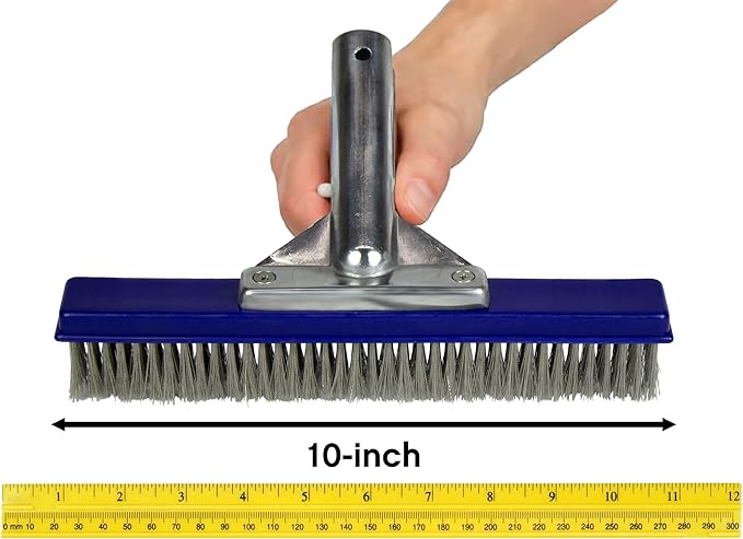 Poolmaster 10-Inch Stainless Steel Pool Algae Brush, Heavy-Duty Aluminum Back, for Gunite Concrete Pools and Spas, Medium Head for Walls, Steps and Floors