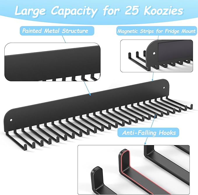 Can Cooler Sleeves Holder Magnetic for Fridge, Beer Sleeves Dispenser Organizer for Storage w/ 25 Hooks, with Screws for Wall Mounted, for Holidays Wedding Party