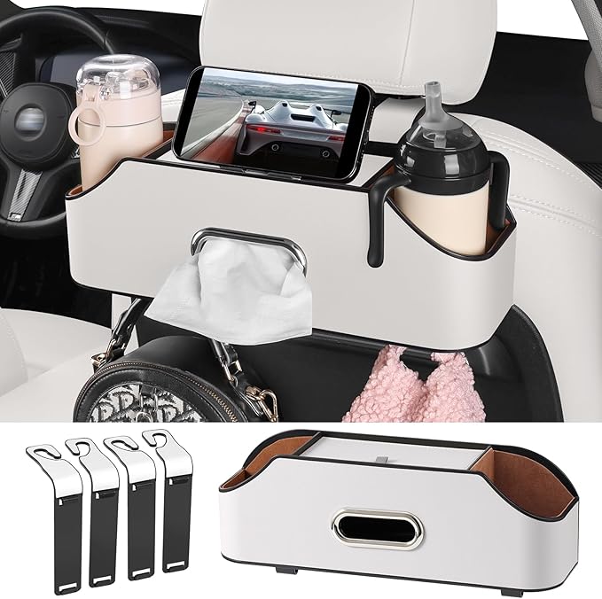 Sancaral Car Rear Backseat Extra Multifunctional Drink Cup Holder Organizers with Tissue Storage Box Organizer & Hooks for Car Seat Back. White