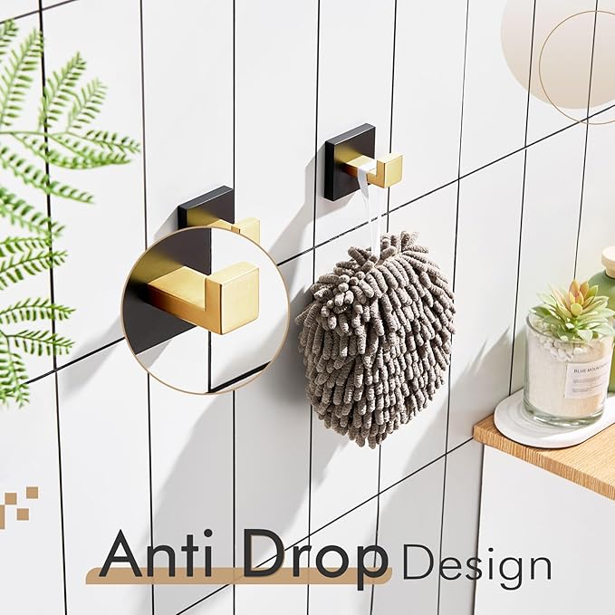 KOKOSIRI Robe Hooks for Bathrooms Towel Hooks Coat Hook Kitchen Garage Heavy Duty Wall Mounted Stainless Steel Brushed Gold and Matte Black, 2 Pack B1010GDK-P2