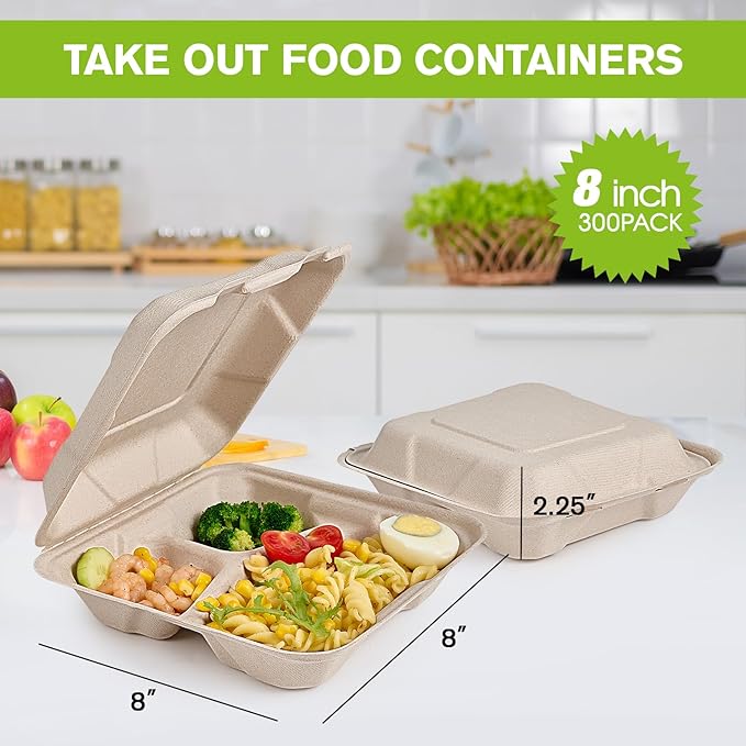 ECOLipak 300 Pack Clamshell To Go Containers, 100% Compostable Disposable Take Out Food Containers, 8X8 inch 3-Compartment Heavy-Duty To Go Boxes