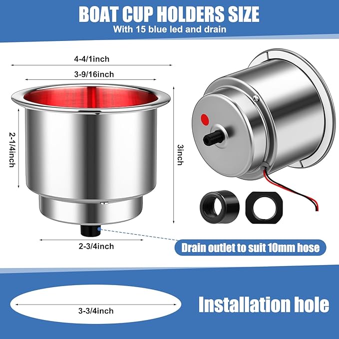 Yexiya 6 Pcs LED Cup Holder Marine Drink Holder Stainless Steel Cup Holders Insert with Drain for Boat Yacht Car Camper Truck RV(Red)