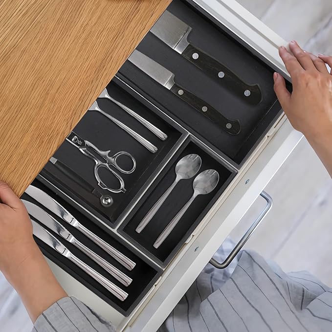PRATIQUE Bamboo Drawer Organizer - Kitchen Utensil Organizer Silverware Tray Cutlery Holder, Office Desk Supplies and Accessories, 8.9 * 5.9 * 2.6inch, Black