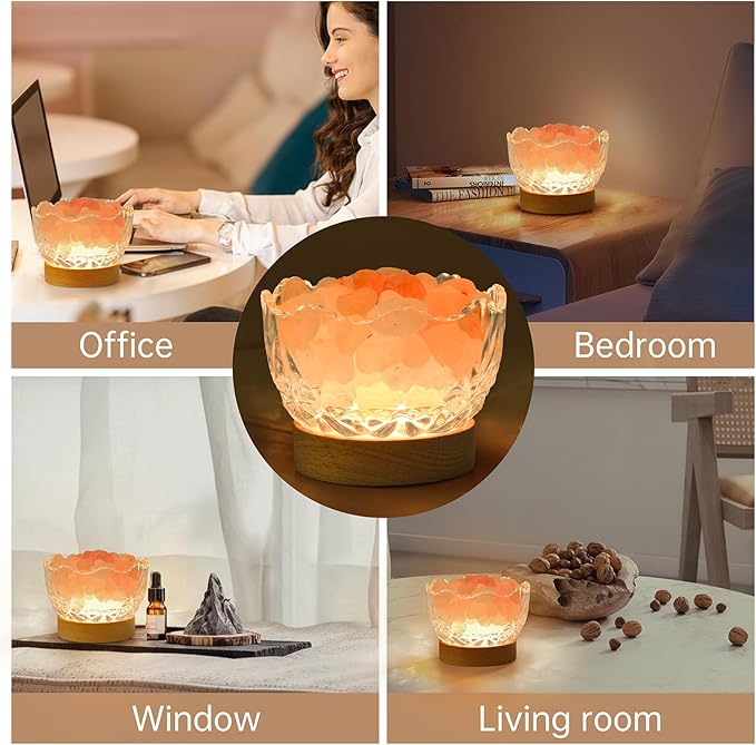 Himalayan Salt Lamp, Pink, Wooden Base, 10 Levels of Light Intensity Adjustment, USB Plug, 1 Year Warranty