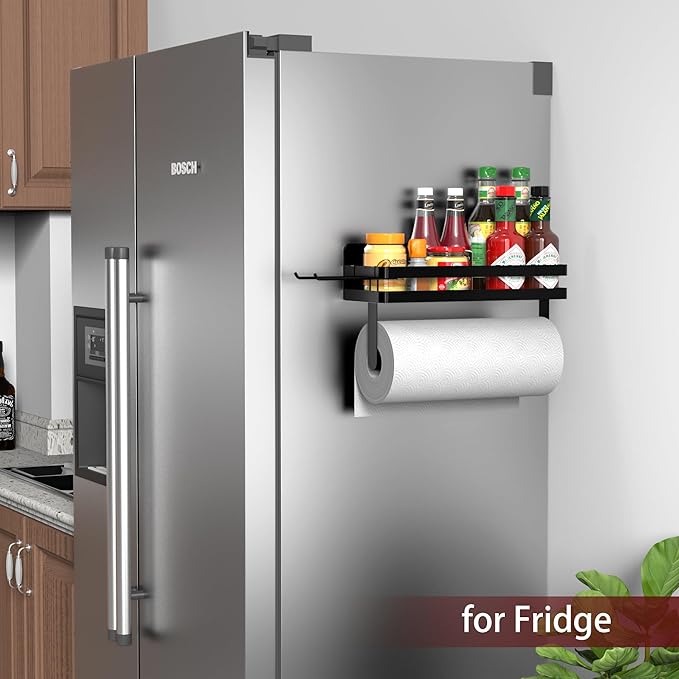 ZUNTO 2pcs Magnetic Paper Towel Holder for Fridge, Black Kitchen Organizer with Towel Roll Holder, Spice Shelf and 2 Hanging Racks (No Drilling)