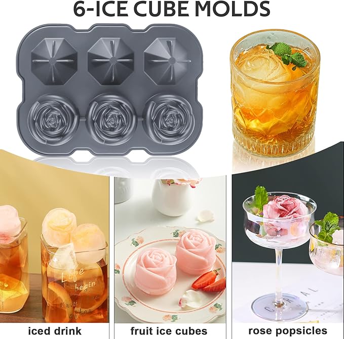 Ice Cube Tray, Mikiwon 2 inch Rose Ice Cube Trays With Covers, 3 Cavity Silicone Rose Ice Tray & 3 Diamond Ice Ball Maker, Easy Release Large Ice Cube Form for Chilled Cocktails, Whiskey Juice