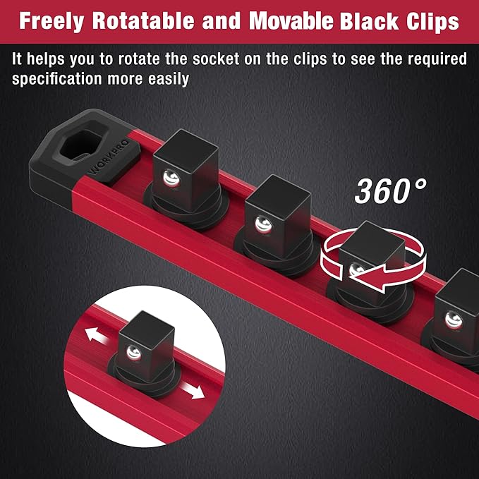 WORKPRO Magnetic Socket Organizer, 3/8-Inch Drive Aluminum Alloy Sockets Rail, Heavy Duty Sockets Holder, Socket Rack Kit 3/8-Inch x 10 Clips (Red)