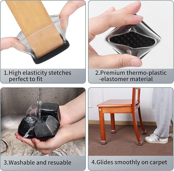 Ezprotekt Chair Leg Sliders for Carpet, 8 Pcs Square Chair Glides for Carpet, Carpet Furniture Pads Stool Leg Protectors Caps, Carpet Furniture Glides Quickly and Easily (XL Fit: 1.5" - 2")