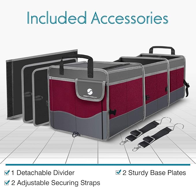 Trunk Organizer with Cooler, Collapsible Trunk Storage Container with Non-Slip Bottom Strips, Large Multi-Compartment Waterproof Car Trunk Organizer for Groceries, for Vehicle Sedan, SUV, Van (Wine Red)
