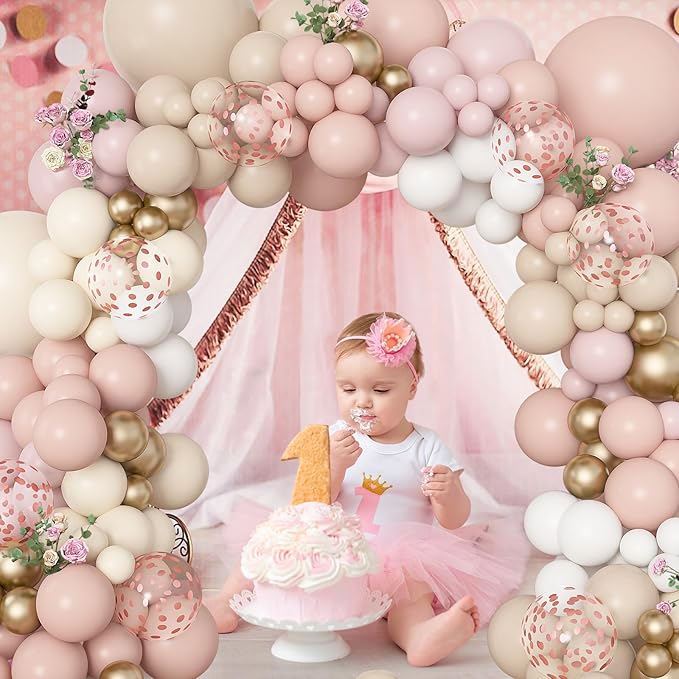 Amandir 173Pcs Boho Dusty Pink Balloon Arch Garland Kit, Neutral Baby Pink Ivory White Sand Nude Rose Gold Confetti Balloons for Girl Baby Shower Gender Reveal Wedding Birthday Party Decorations