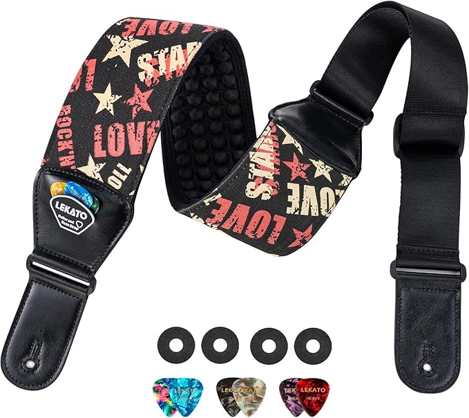 LEKATO Guitar Bass Strap for Electric Guitar Bass, 3" Wide Padded Guitar Strap Neoprene Pad with 3D Sponge Filling Adjustable Length from 45" to 55" with Strap Locks, Picks, Love Stars
