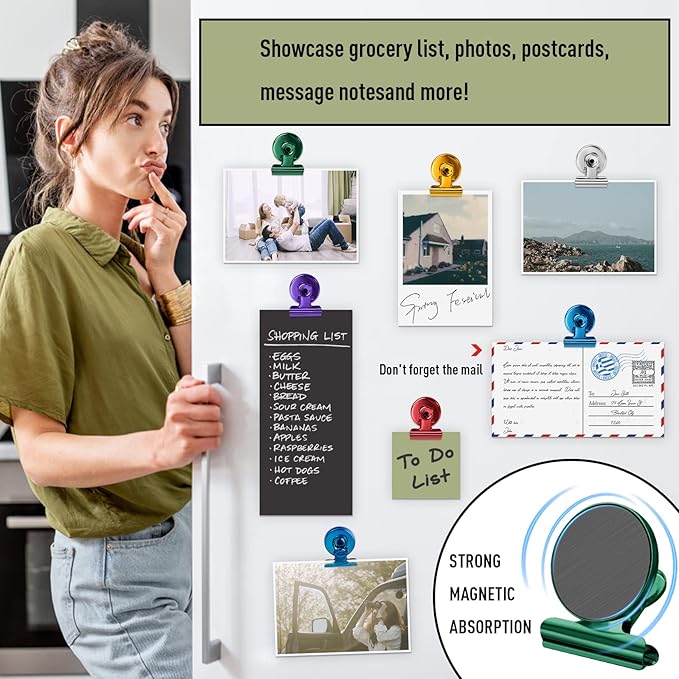 FINDMAG 12 Pack Magnetic Clips for Picture Hanging and Photo Display, Heavy Duty Scratch-Free Magnets for Refrigerator, Whiteboard, Fridge, Kitchen, Office, School, Classroom, Green.