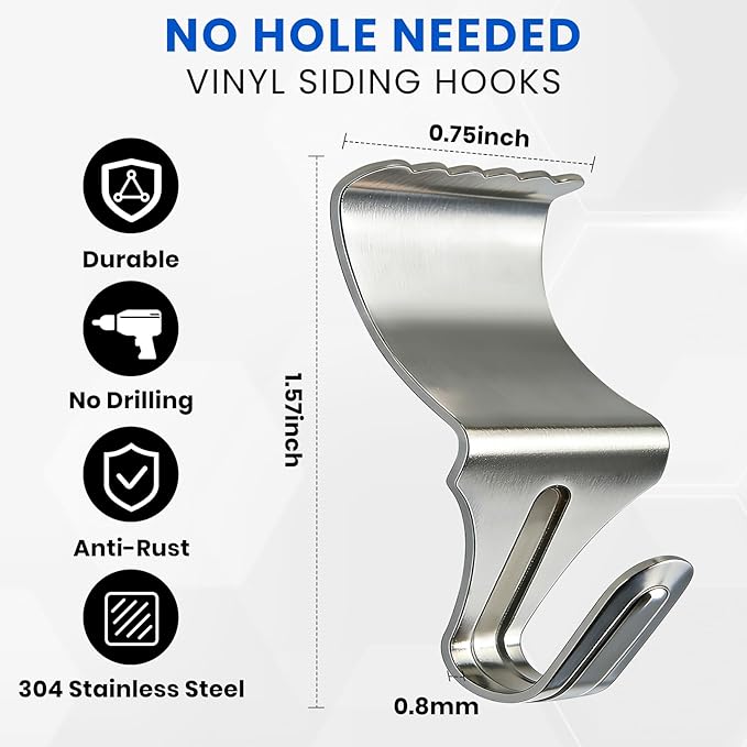 FURWEY 20 Pack Vinyl Siding Hooks, No Hole Vinyl Siding Clips, Heavy Duty Stainless Steel, for Outdoor & Festive Decoration