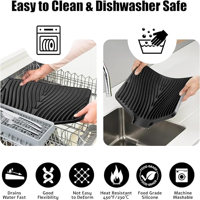 TIKNIK Silicone Dish Drying Mat, Stone Drying Mat for Kitchen Counter with Built-In Drain, Non-Slip Drain Pad with Built-in Drain, Heat Resistant Stone Drying Mat, 1Pcs Black(20" x 15")