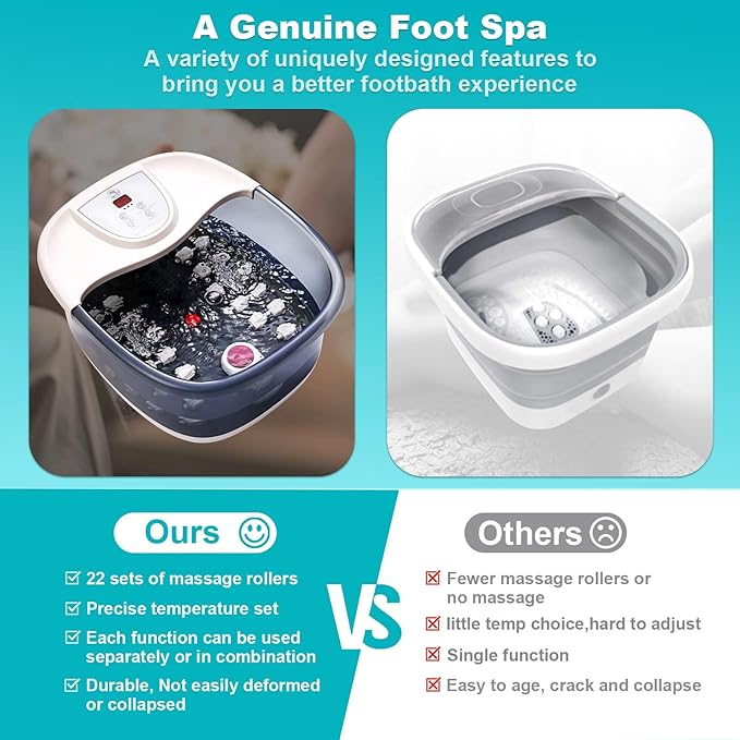 Foot Spa Bath Massager with Heat, Foot Bath with 22 Massage Rollers, Temperature Control, Jets, Bubbles, Epsom Salt and Vibration. Foot Soaking Tub for Relaxation - Grey