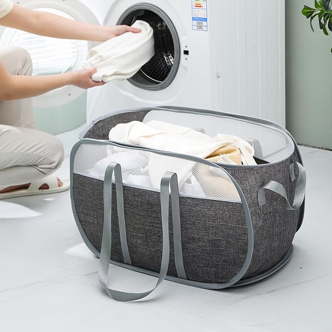 Pop-Up Laundry Basket, Collapsible Mesh Laundry Hamper – With Extended Shoulder Straps, Sturdy Handles, and Premium Cationic Fabric (gray)…
