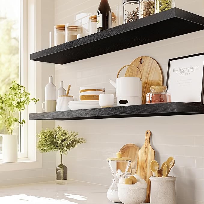 AMADA HOMEFURNISHING Floating Shelves Wall Mounted, 32 x 7 Inch Wall Shelves for Bathroom, Bedroom, Living Room, Black Shelves Set of 2