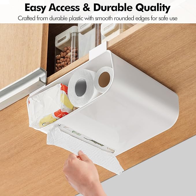 Poeland Multi-Purpose Over Cabinet Door Organizer, Under-Shelf Storage Organizer for Kitchen Wraps, Foils, and Paper Towel Dispenser, 1 Adhesive Pad and 2 Screws Included (White)
