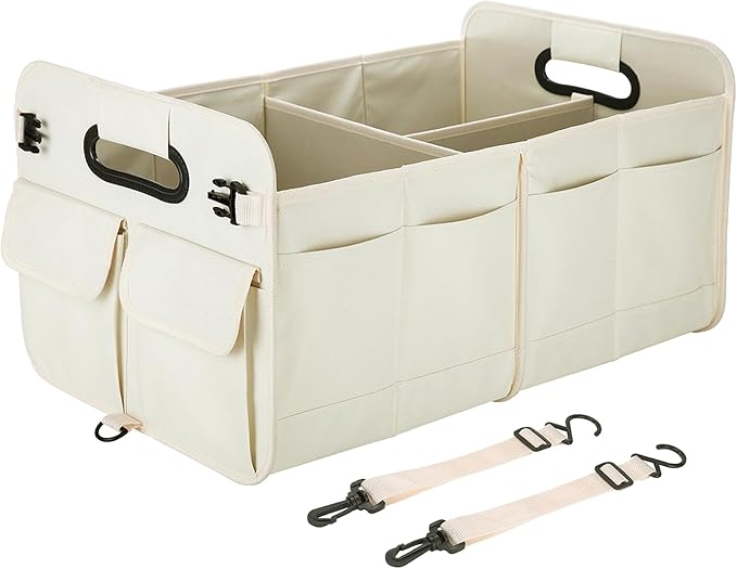 Trunk Organizer For SUV & Sedan, Car Organizers and Storage, Waterproof Collapsible & Adjustable Straps, 75L Sturdy Car Organization for Car Accessories, Tools, Sundries, 2-3 Compartment (Beige)
