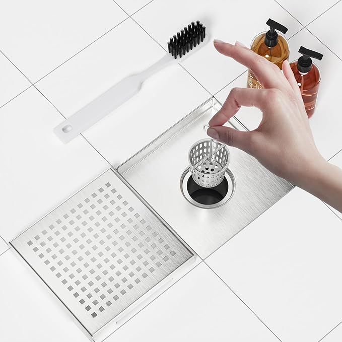 Neodrain 6-Inch Square Shower Drain with Removable Quadrato Pattern Grate, PVC Shower Drain Base and Rubber Gasket for Bathroom Floor Drain, Brushed 304 Stainless Steel, Includes Hair Strainer