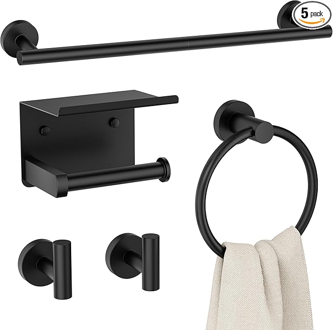 FORIOUS Bathroom Hardware Accessories Set, SUS304 Stainless Steel Towel Bar Set, Modern Towel Racks Holder for Bathroom, Toilet Paper Holder Wall Mounted 5 Pieces (24" Bar, Matte Black)