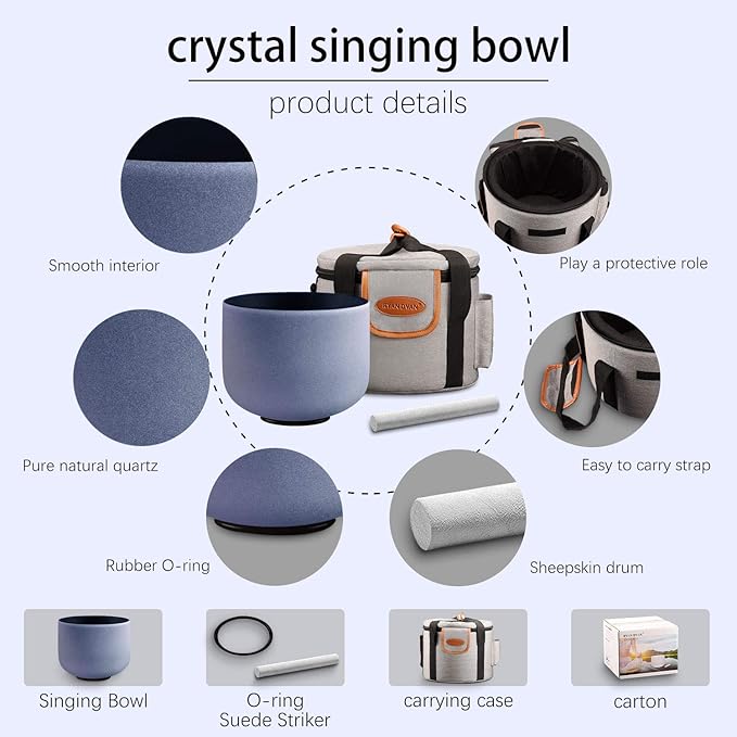 RYAN DVAN 8” A Note Indigo Frosted Third Eye Chakra Crystal Singing Bowl with Free Heavy-Duty Carrying Case and Suede Striker O-Ring