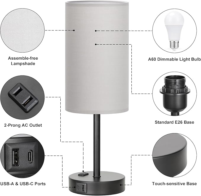 Fenmzee Touch Bedroom Lamp - Grey, 3-Way Dimmable, USB A + C Charging, AC Outlet, 17.4inch Medium