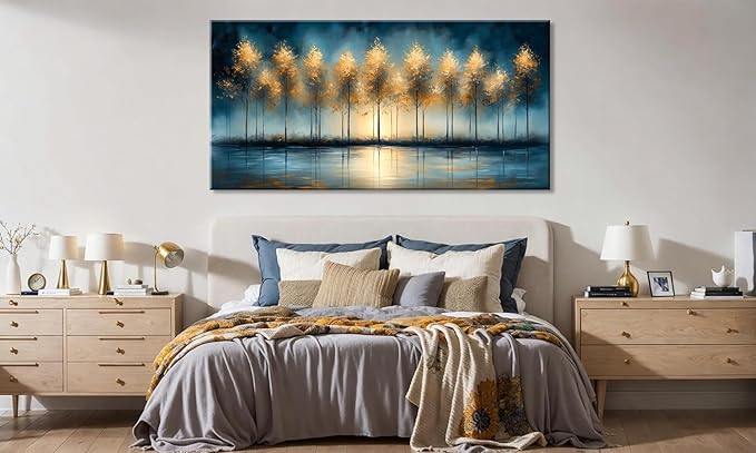 ZESTRILIA Golden Trees Wall Art Impression Canvas Abstract Sunset Oil Painting Reproduction Print Artwork Landscape Picture for Living Room Bedroom Home Office Kitchen Décor (28x58inch)