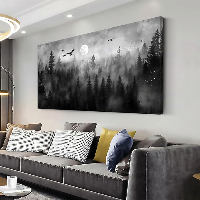 ZESTRILIA Forest Wall Art Black & White Moon Night Retro Canvas Prints Modern Rustic Paintings Nordic Artwork Landscape Picture for Country Farmhouse Living Room Bedroom Home Office Décor (23x46inch)