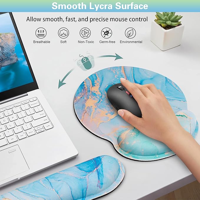 Mouse Pad Blue, 3-in-1 Mouse Pad with Wrist Rest for Keyboard and Mouse, Gaming Mousepad with Anti-Skid Base,Ergonomic Memory Foam Keyboard Gel Wrist Rest, Office Desk Accessories for Women