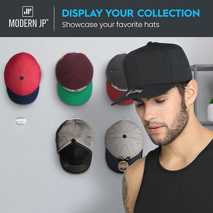 Modern JP Adhesive Hat Hooks for Wall (16-Pack) - Minimalist Hat Rack Design, No Drilling, Strong Hold Hat Hangers - USA Patented, Gray