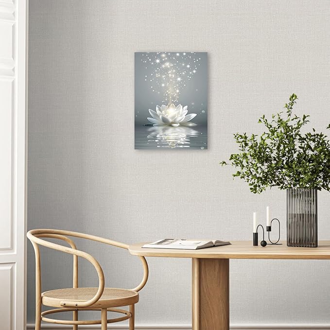 Ypxzzj Framed White Lotus Flower Wall Art for Living Room, Zen Canvas Wall Art for Yoga Bedroom,Meditation Spiritual Wall Decor Print for Bathroom Study Room Ready to Hang (12''x16'')
