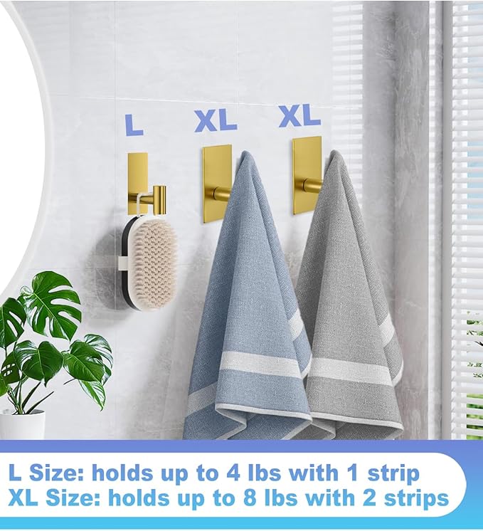 4 Pcs Towel Hooks Heavy Duty for Hanging, Adhesive Wall Hooks with Removable Strips, Sticky No Damage, Outdoor for Bathrooms, Shower, Stockings, Decor, Robe, Large, Gold 304 Stainless Steel