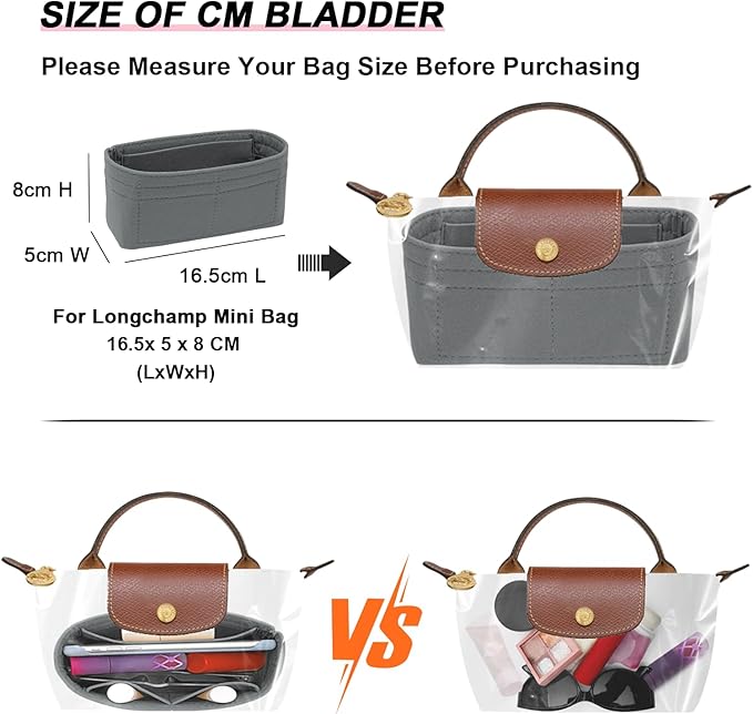 Felt Mini Organizer Insert for Longchamp mini XS Bag, Purse Organizer Insert For Handbag (LightGrey)