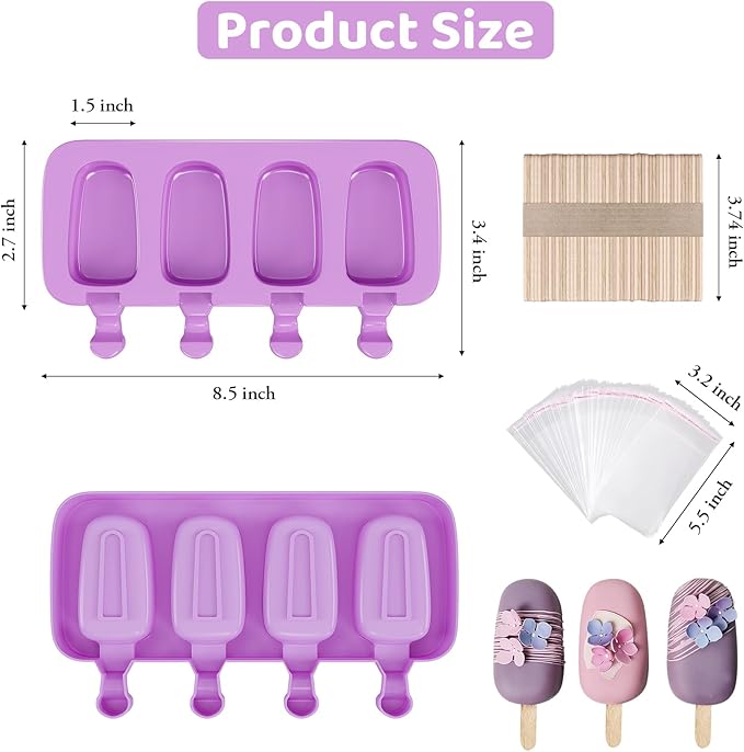 Ouddy Life Popsicle Molds Set of 2, Ice Pop Molds Silicone 4 Cavities Ice Cream Mold Oval Cake Pop Mold with 50 Wooden Sticks for DIY Popsicle (Purple)