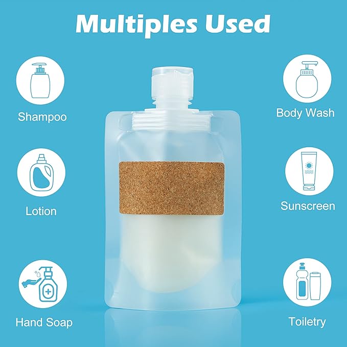 TailaiMei 12 Pieces Travel Pouches for Toiletries, TSA Approved Portable Travel Size, Refillable Stand Up Pouch for Shampoo/Conditioner/Lotion (50ml/1.7oz)