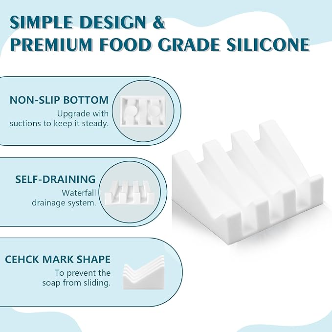 Self-Draining Soap Dish, Silicone Suction Cup Soap Holder, Bathroom Soap Dish for Bar Soap, Extends Soap Life, for Bathroom, Bathtub, Kitchen Sink, White - 2 Pack