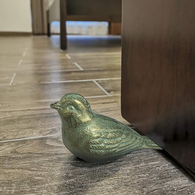 Door Stopper Security Floor Decorative Cute Bird Heavy Duty Cast Iron Door Stop, 2 Pack Door Stops Wedge Antique Gold-Green