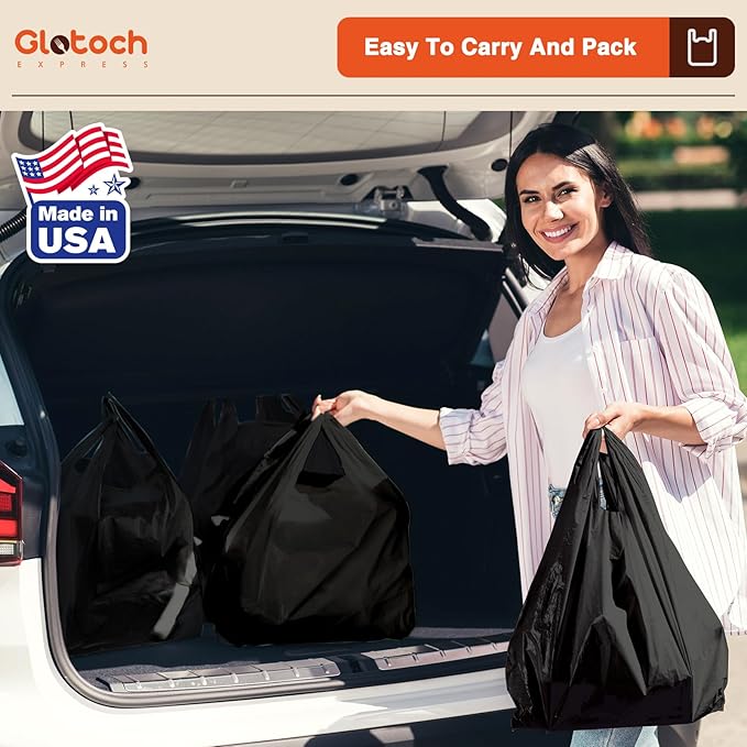 Glotoch 1000 Count Plastic T-shirt Bags Plain Black, 11.5 x 6.5 x 21" Grocery Shopping Bags with Handles for Restaurant, Retail, Takeout, Convenience Stores, Kitchen Trash, in Bulk for Small Business
