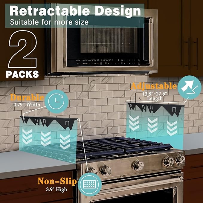 Stove Gap Covers Stainless Steel, 2 Pack Stove Gap Filler Easy Retractable Length 13.8" to 27.5", Width 0.79" Stove Gap Guards Range Trim Kit, Heat Resistant Guard Between Stove Top & Counter