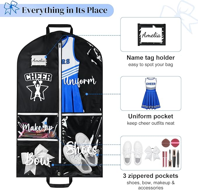 DEEKA Cheer Garment Bag for Hanging Clothes with Zipper Pockets Cheer Accessories Mom Essentials Uniform Costume 40 Inch Black Bags Stuff for Cheerleading Girls (Black,White-Cheer Star Logo)