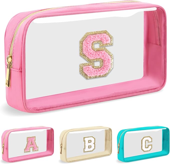 Personalized Initial Letter Clear Makeup Bag, Preppy Small Nylon & PVC Cosmetic Zipper Bag with Chenille Letter, Portable Beach Travel Skincare Toiletry Bag, Trendy Monogram Gift for Teen Girls Women, S