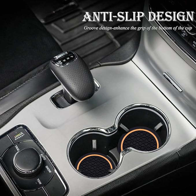 2-Piece Anti-Slip Car Cup Coaster Set – 2.75 Inch Auto Insert Drink Mats, Perfect for Coffee & Beverages – Stylish Interior Decor for Women & Girls (Black & Orange)